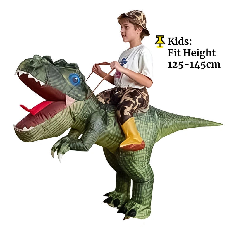 Vue latérale costume gonflable dinosaure équitation