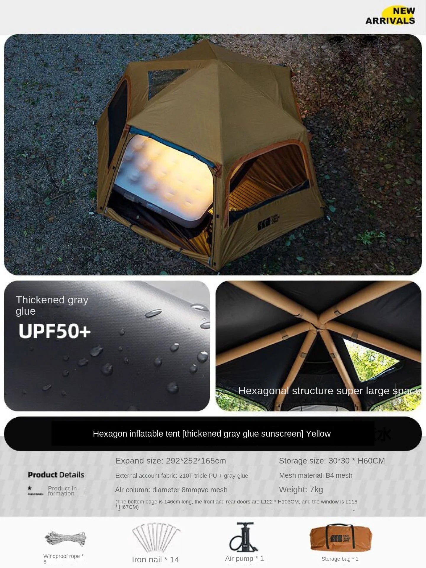 Tente gonflable hexagonale couleur style naturel camping nuit