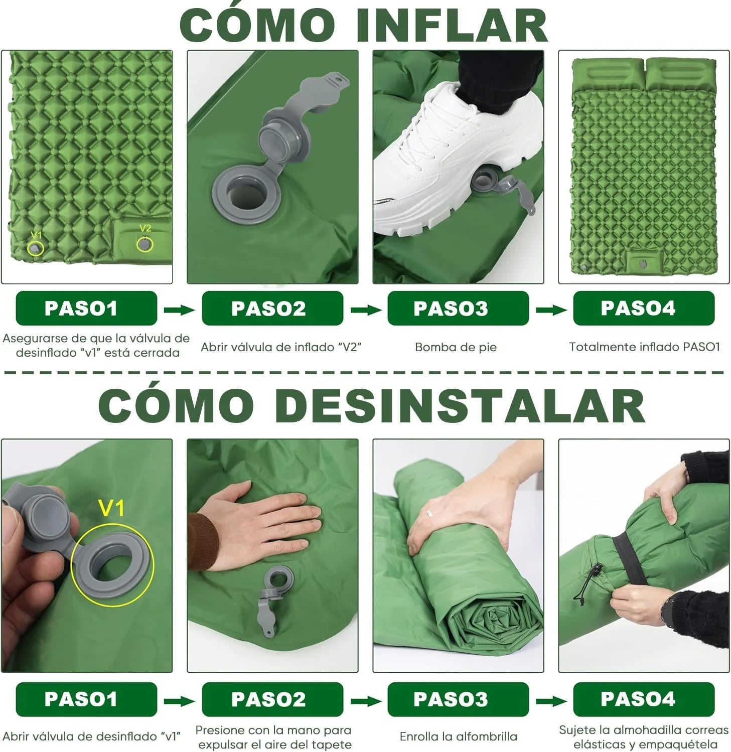 Matelas de camping gonflable coloris vert armée