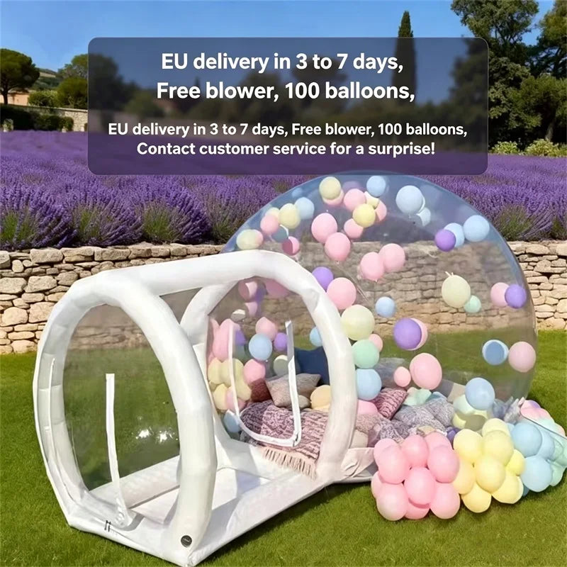 Bulle gonflable transparente installée en extérieur