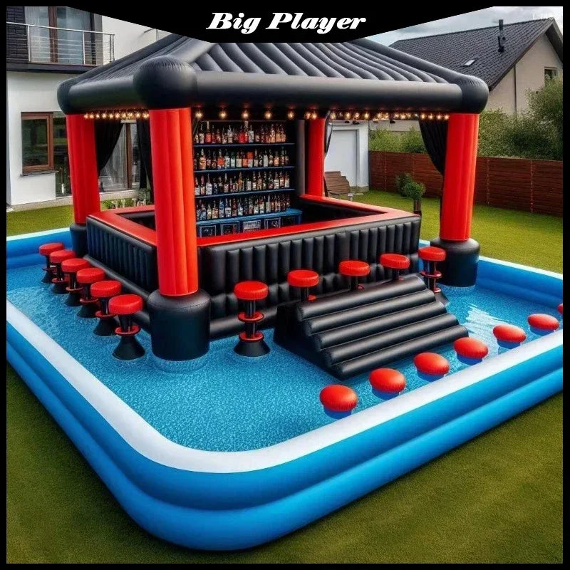 Bar gonflable piscine utilisé lors d'une fête en arrière-cour