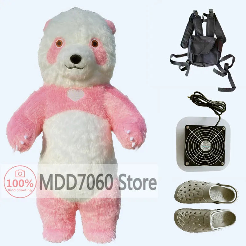 Costume gonflable mascotte ours brun présenté en extérieur