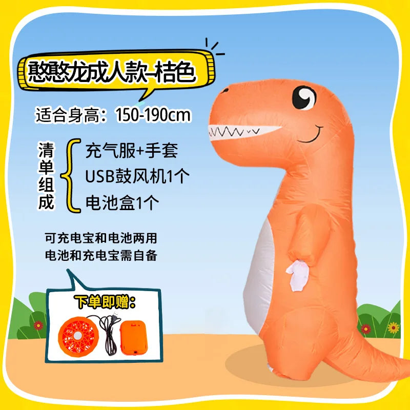 Costume gonflable dinosaure jaune animé dans un parc d'attractions