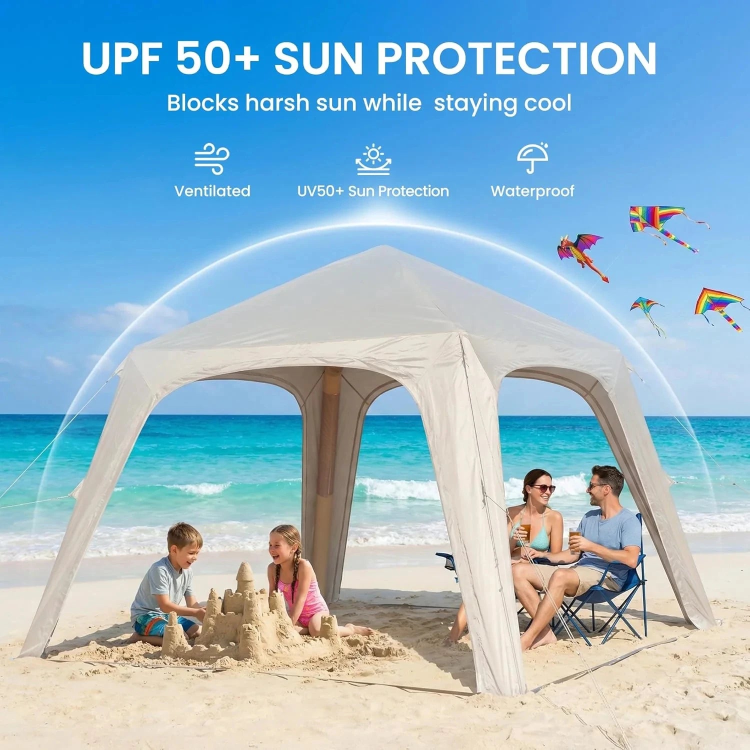 Tente gonflable glamping avec auvent installée en pleine nature
