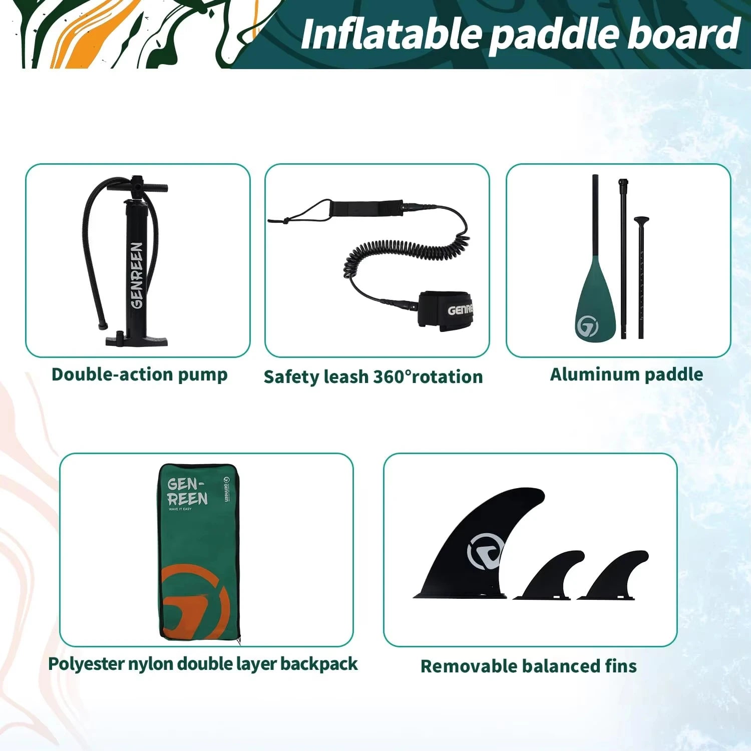 Détail des accessoires du paddle gonflable