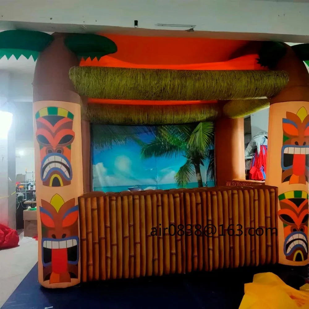 Vue latérale du bar gonflable Tiki motif tropical