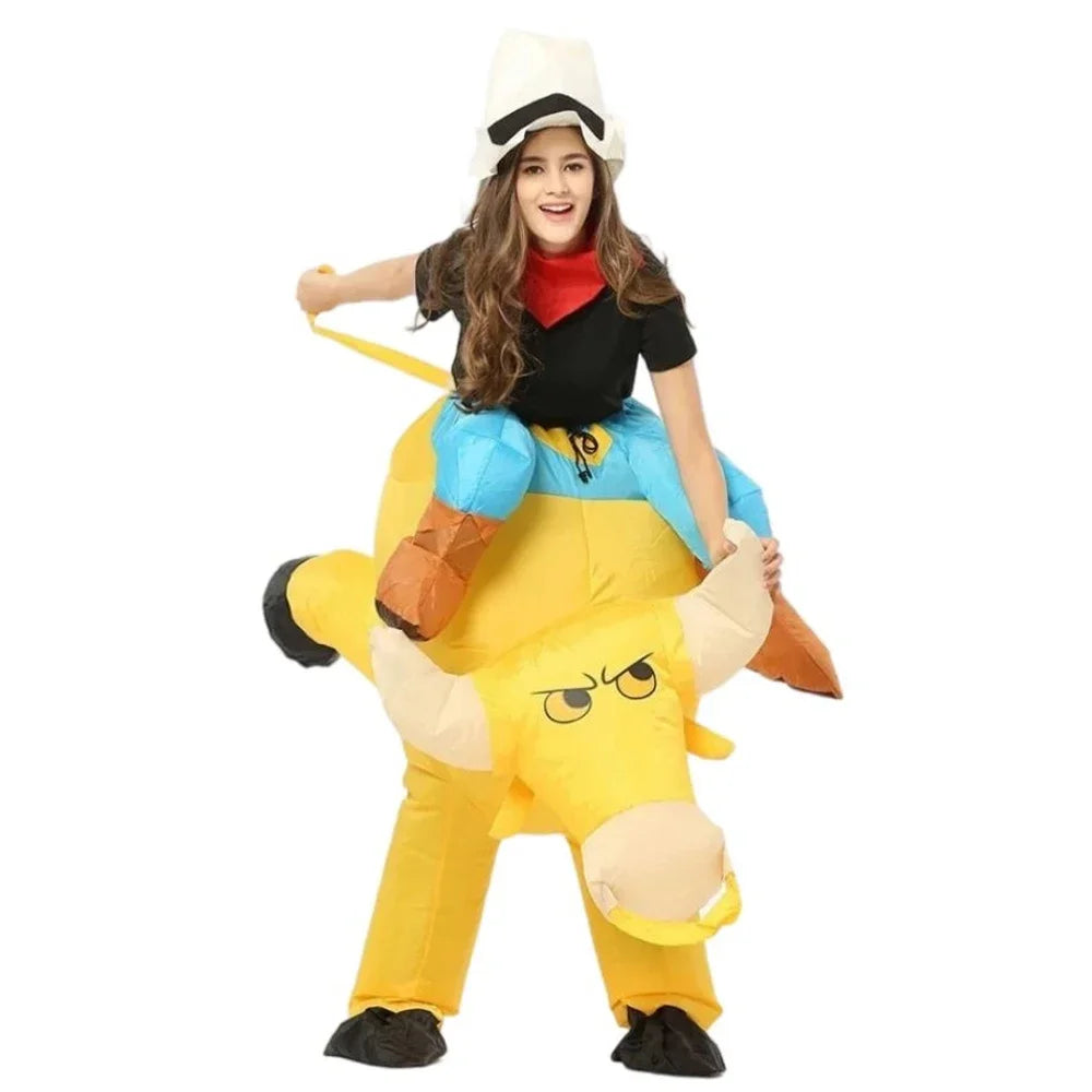Costume gonflable cowboy taureau brun porté lors d'un carnaval