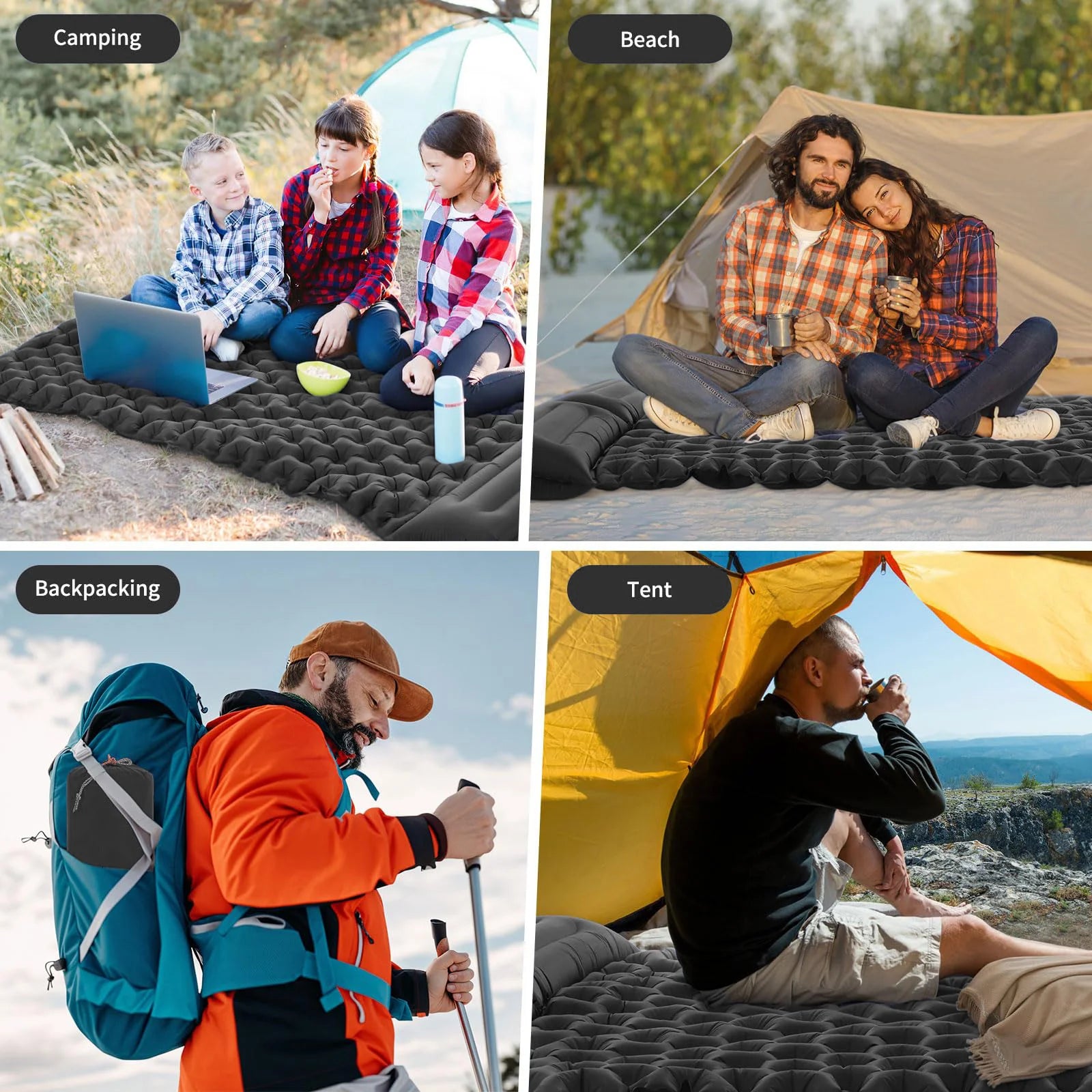Matelas de camping gonflable noir plein format extérieur