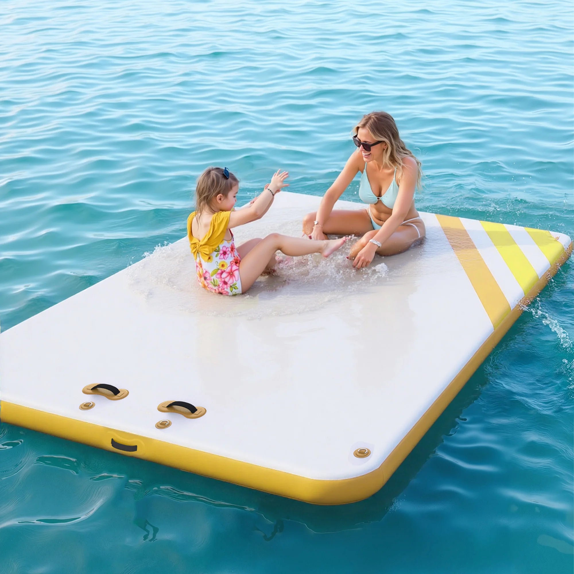Plateforme flottante orange avec ancre fixée sur lac calme