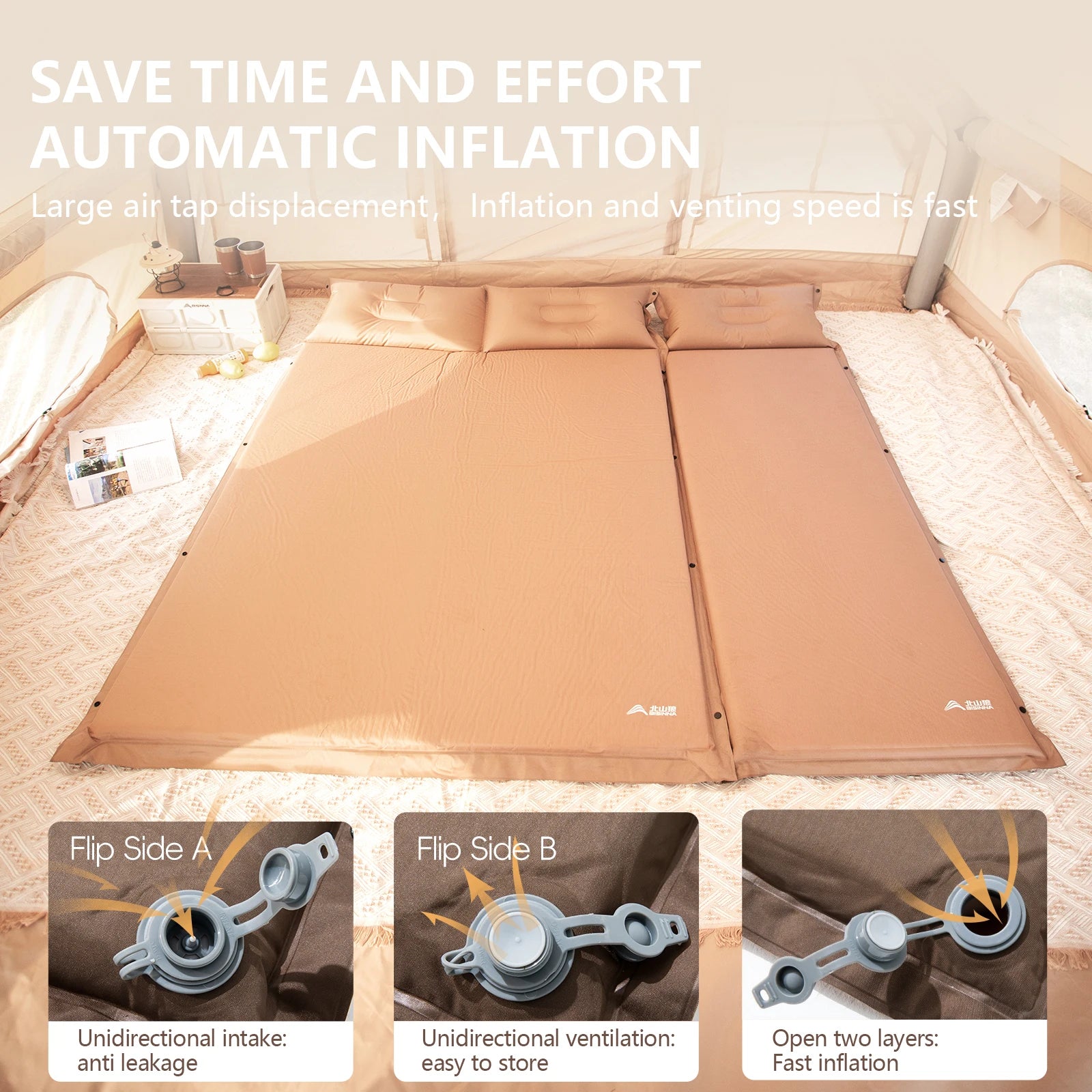 Tapis gonflable installé sous une tente de camping