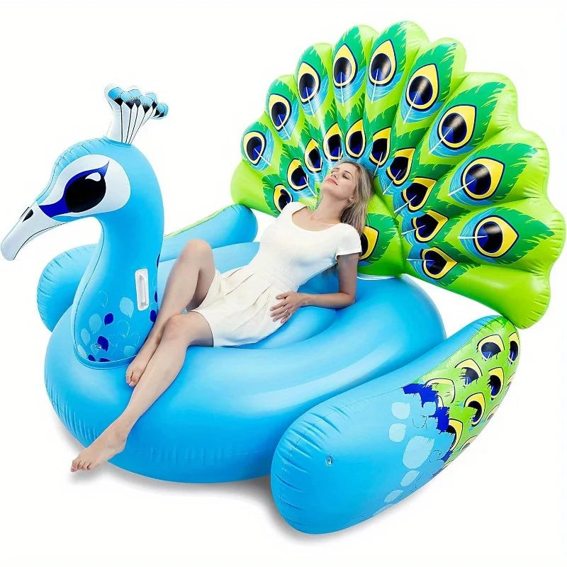 Bouée gonflable géante en forme de paon bleu avec ailes multicolores en piscine