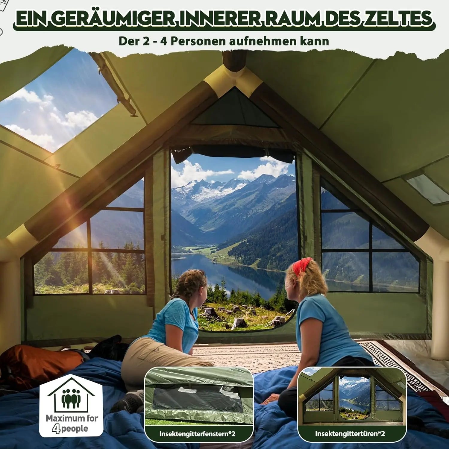 Tente gonflable camping luxe montée pour un groupe