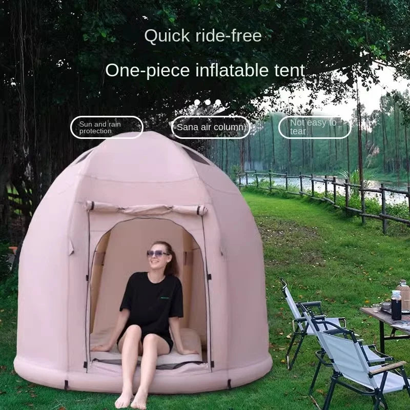 Tente gonflable camping 2-4 personnes installée en extérieur