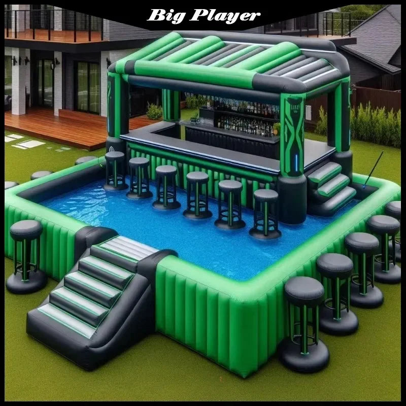 Vue d'ensemble du bar gonflable piscine dans un jardin