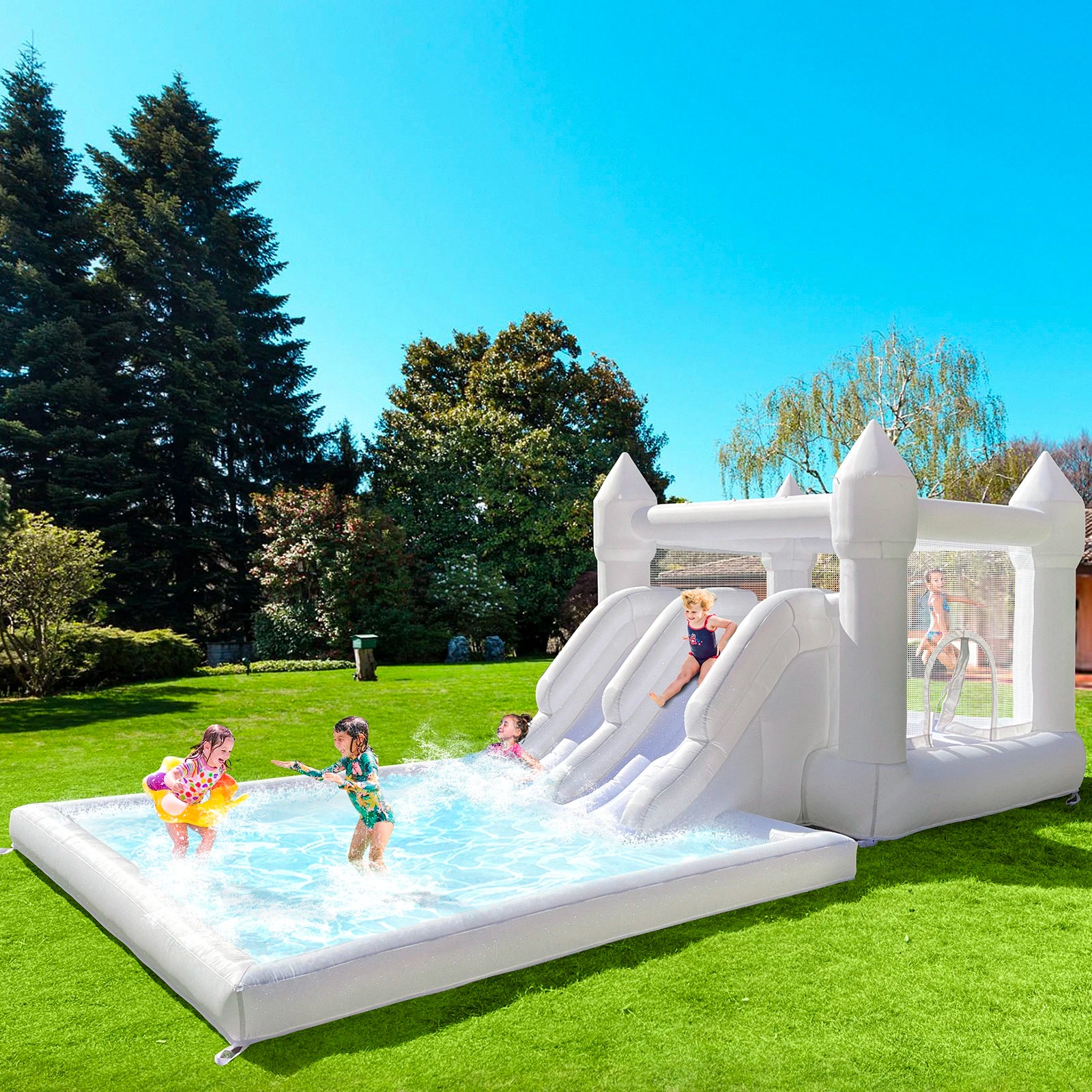 Château gonflable blanc filet sécurité enfants