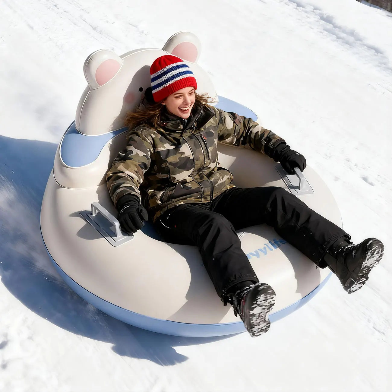 Luge gonflable tube à neige avec dossier et poignées bleue