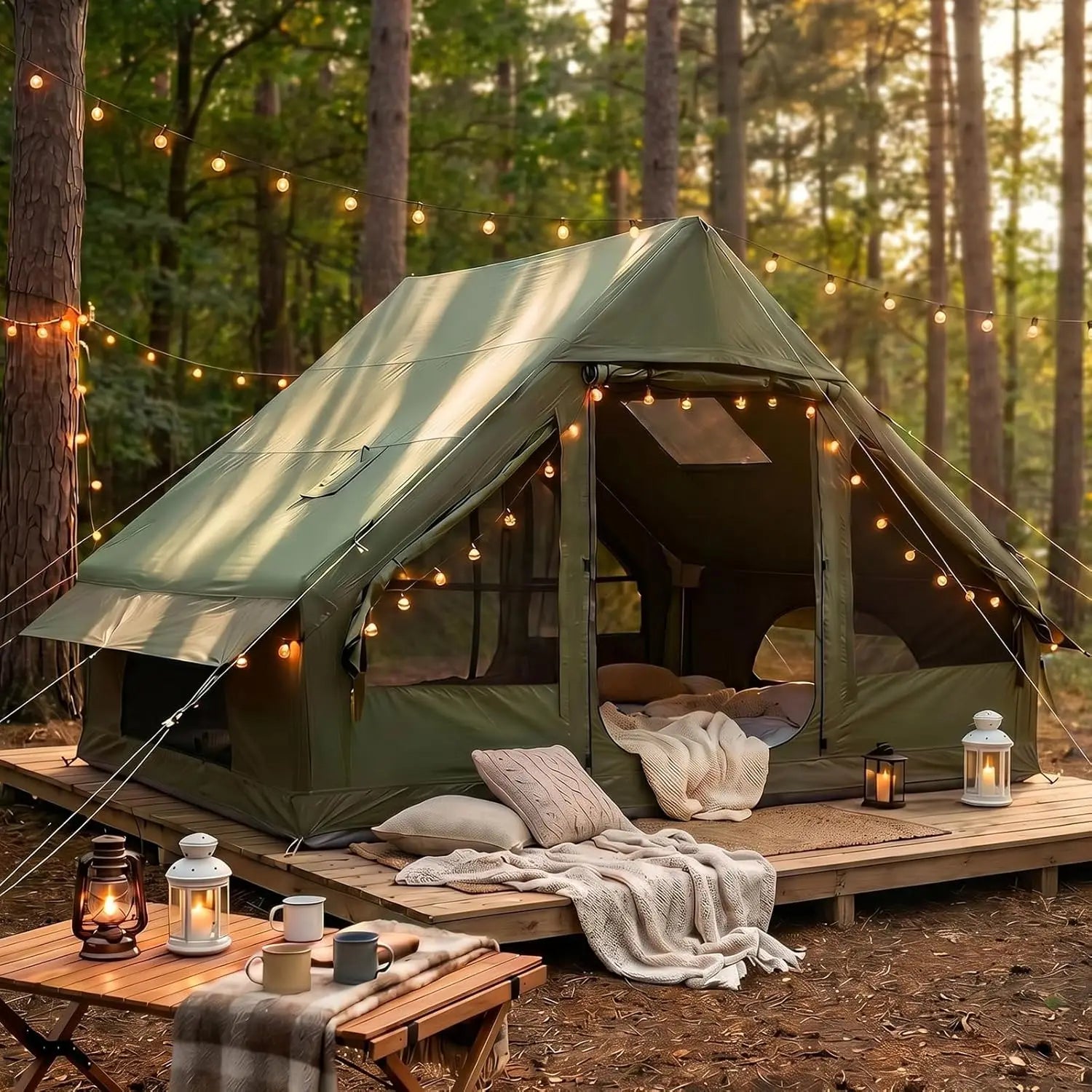 Tente gonflable camping luxe installée en pleine nature