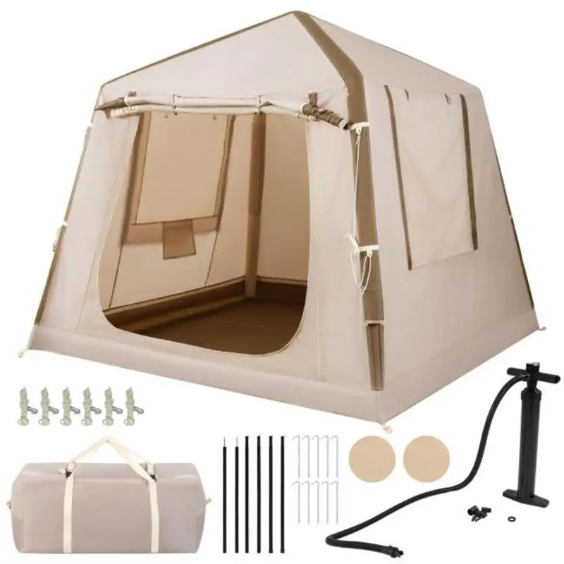 Tente gonflable dôme kaki installée en camping