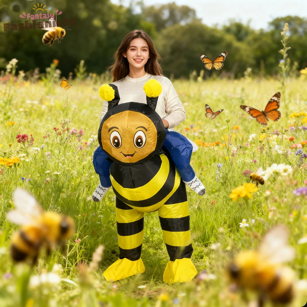 Costume gonflable abeille adulte vue de face rayures jaunes noires
