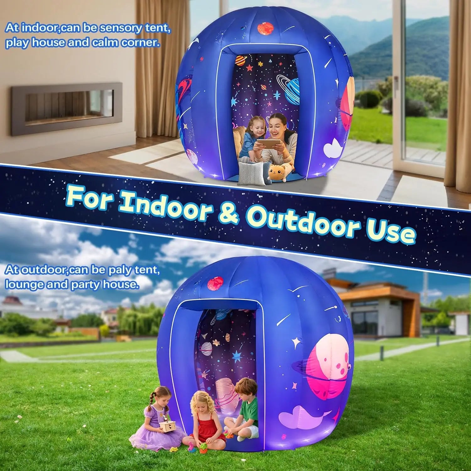 Intérieur de la tente gonflable sensorielle bleue