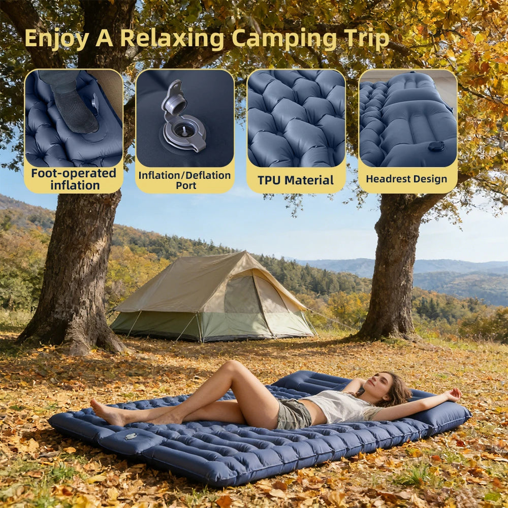 Matelas gonflable double camping gris oreiller intégré