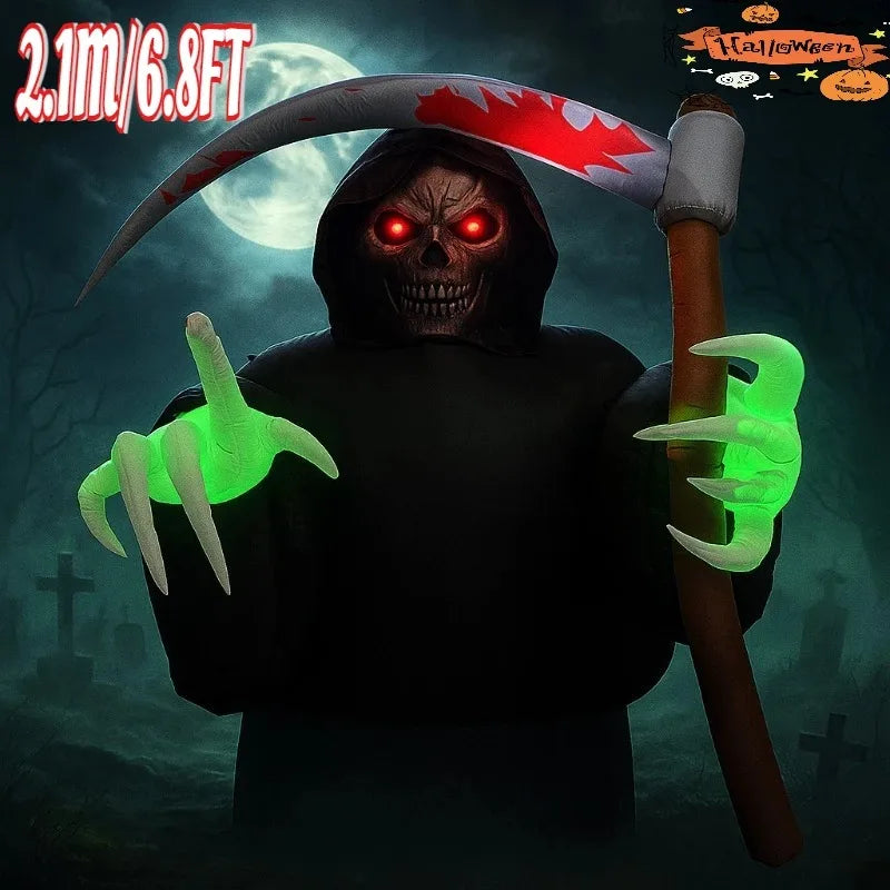 Faucheuse gonflable Halloween dans un jardin avec LED