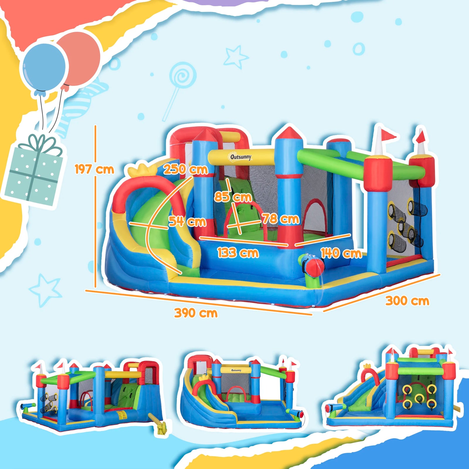 Château gonflable avec piscine et toboggan vue de face