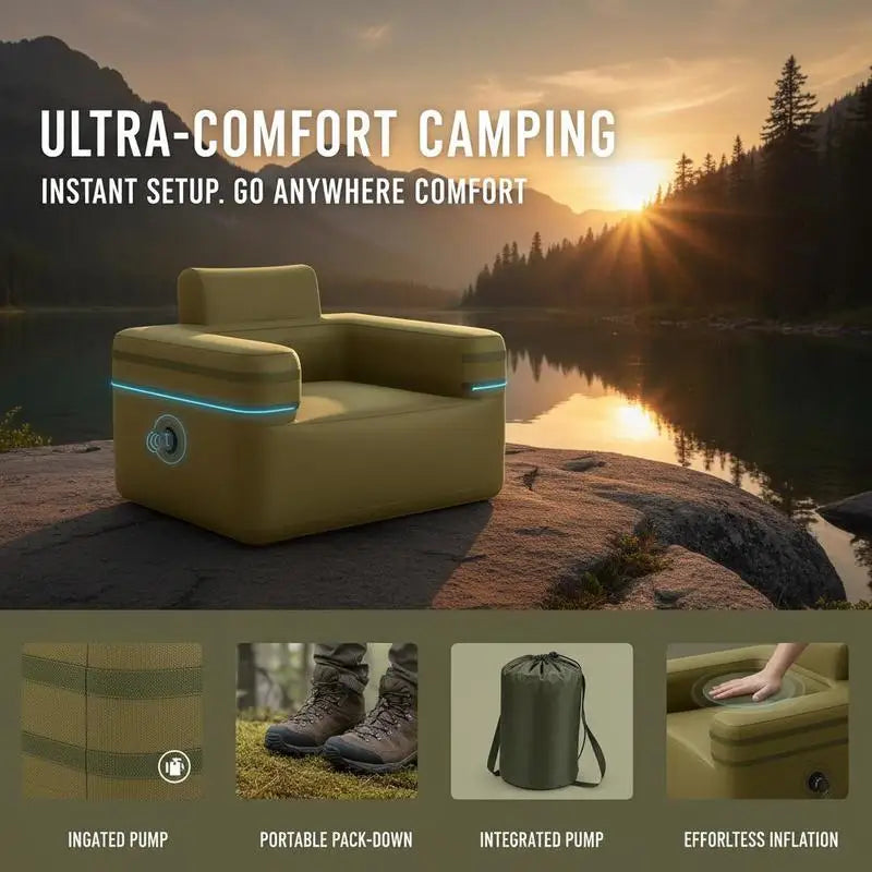 Canape gonflable vert militaire installe au camping
