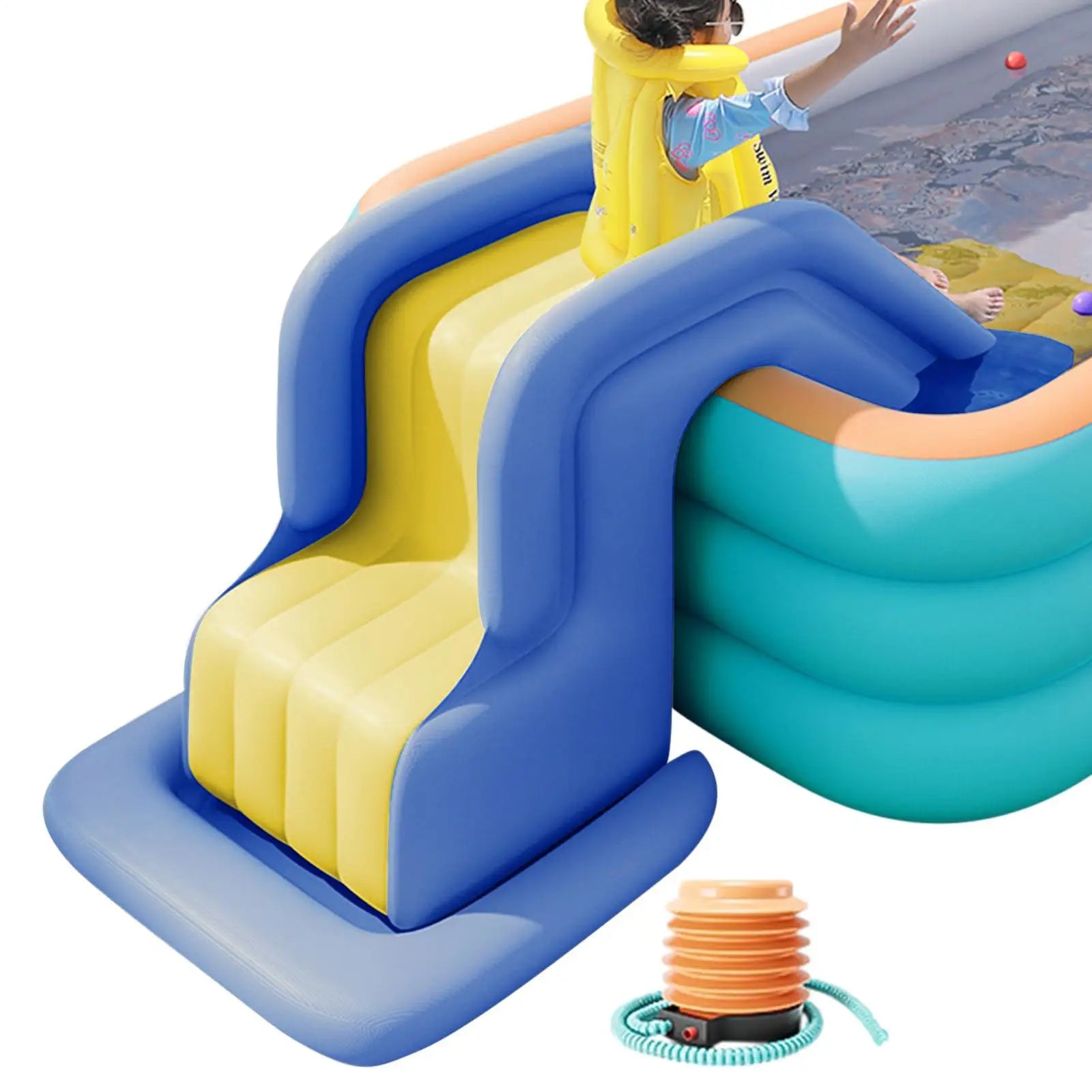 Toboggan aquatique gonflable jaune installé près d'une piscine