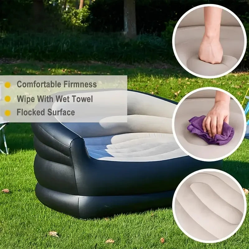 Canapé gonflable kaki installé au jardin