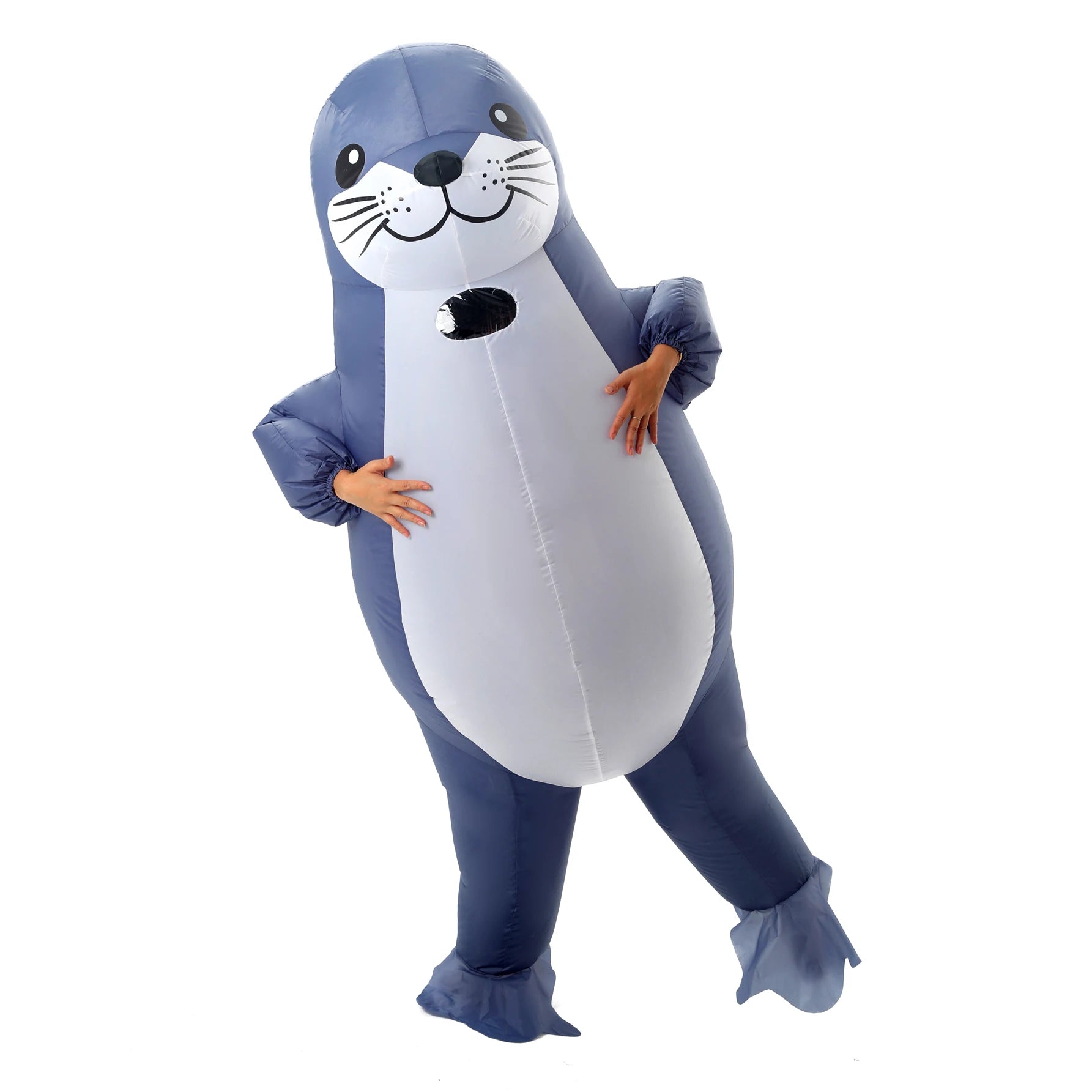 Costume gonflable phoque porté lors d'une animation festive
