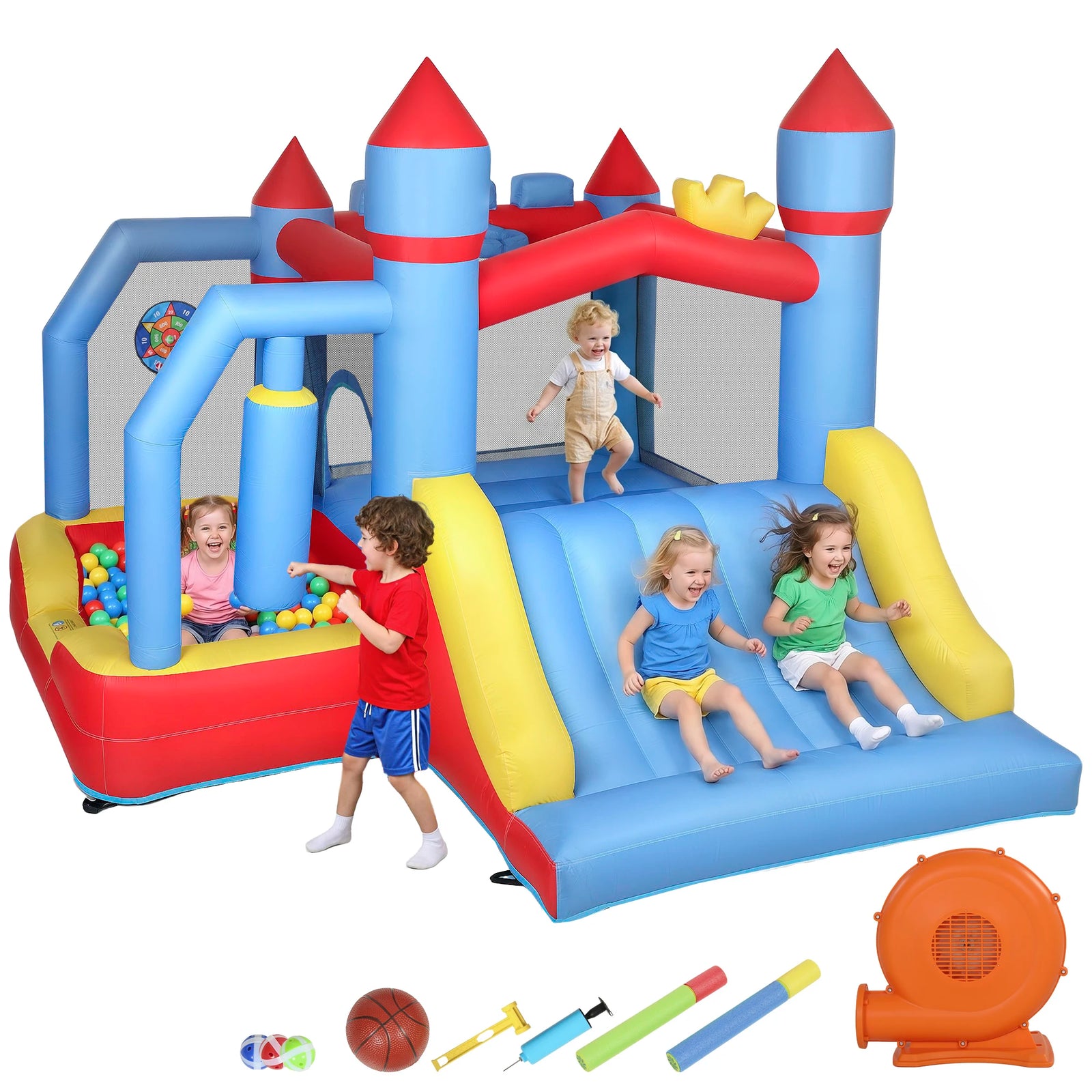 Château gonflable avec poteau de boxe et panier de basket