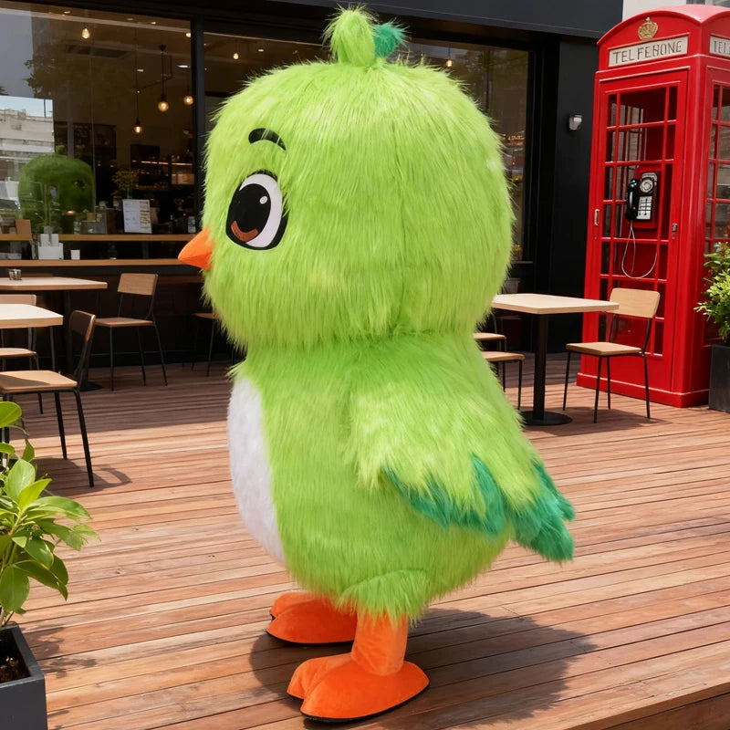 Costume gonflable oiseau vert, vue de face