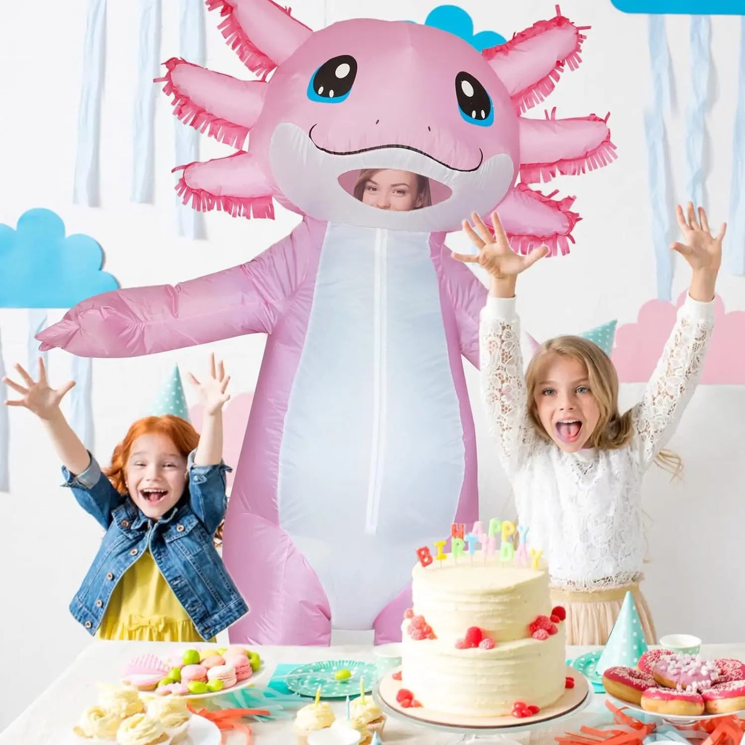 Costume gonflable axolotl salamandre rose adulte