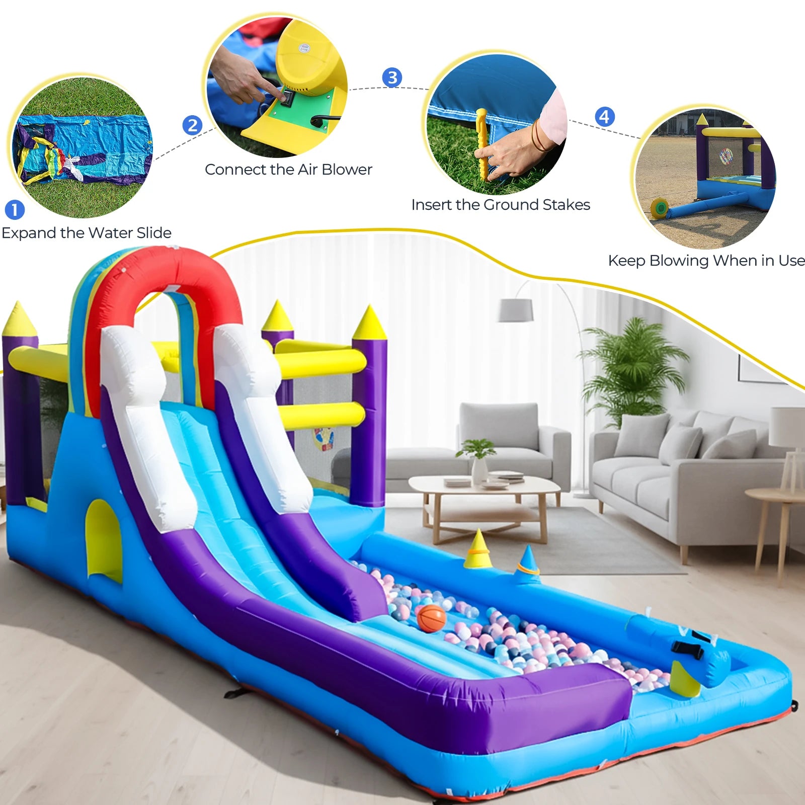 Toboggan aquatique gonflable bassin enfants installé dans un jardin