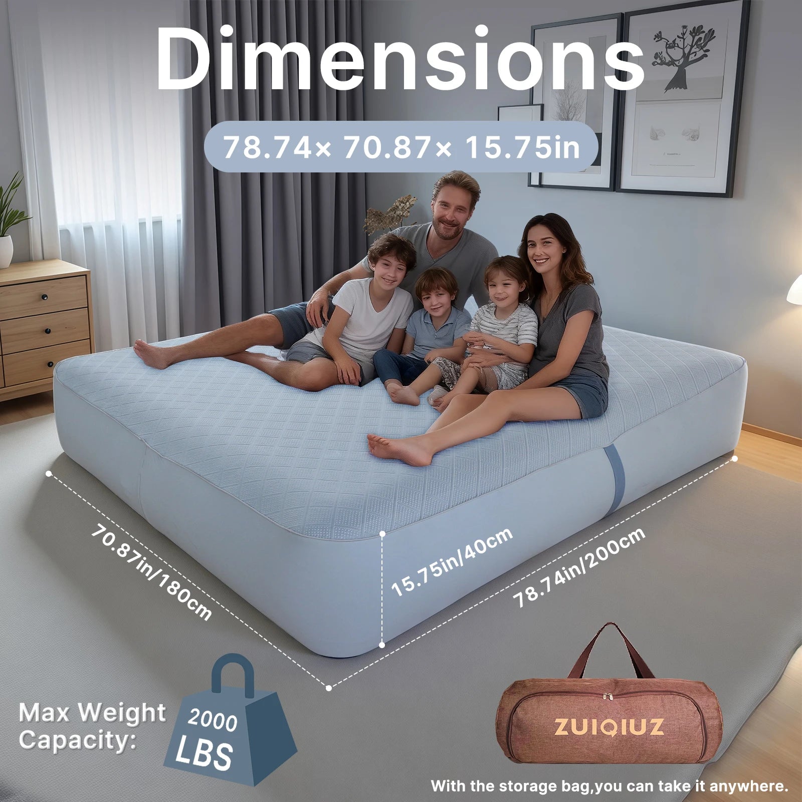 Vue d'ensemble du matelas gonflable TPU trois places