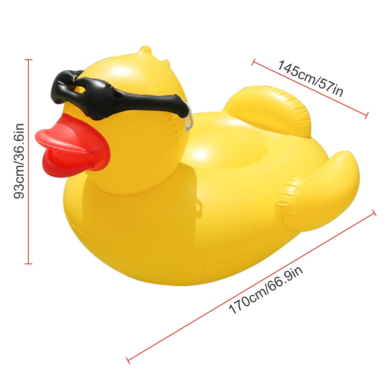 Enfant jouant sur la bouée gonflable canard jaune en piscine