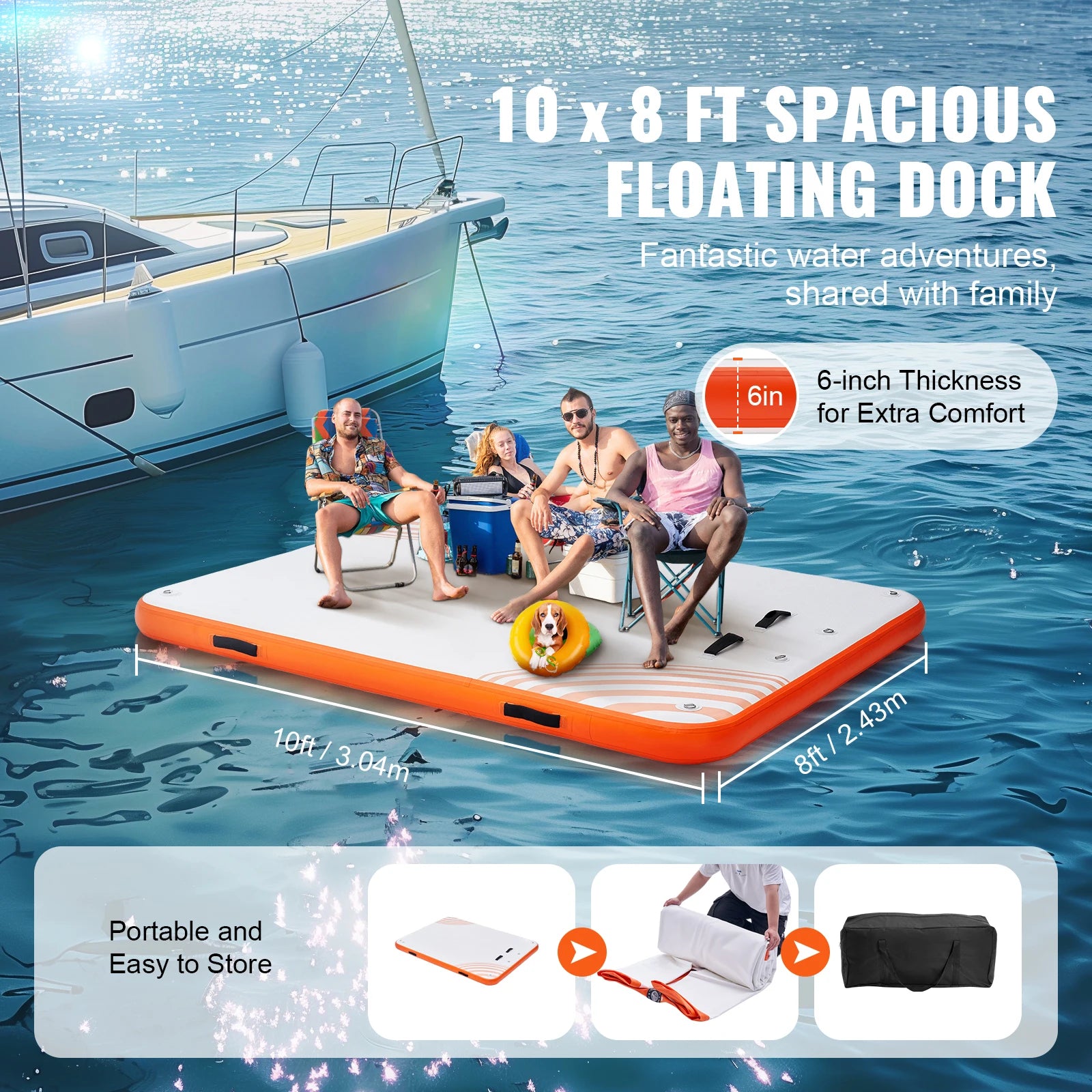 Famille se détendant sur la plateforme flottante gonflable en lac