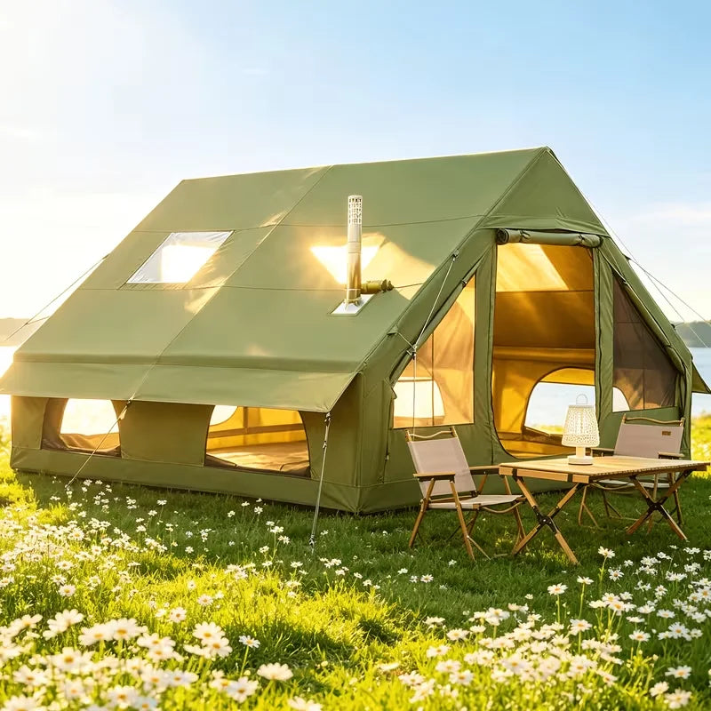 Tente gonflable cabane vert militaire vue d'ensemble