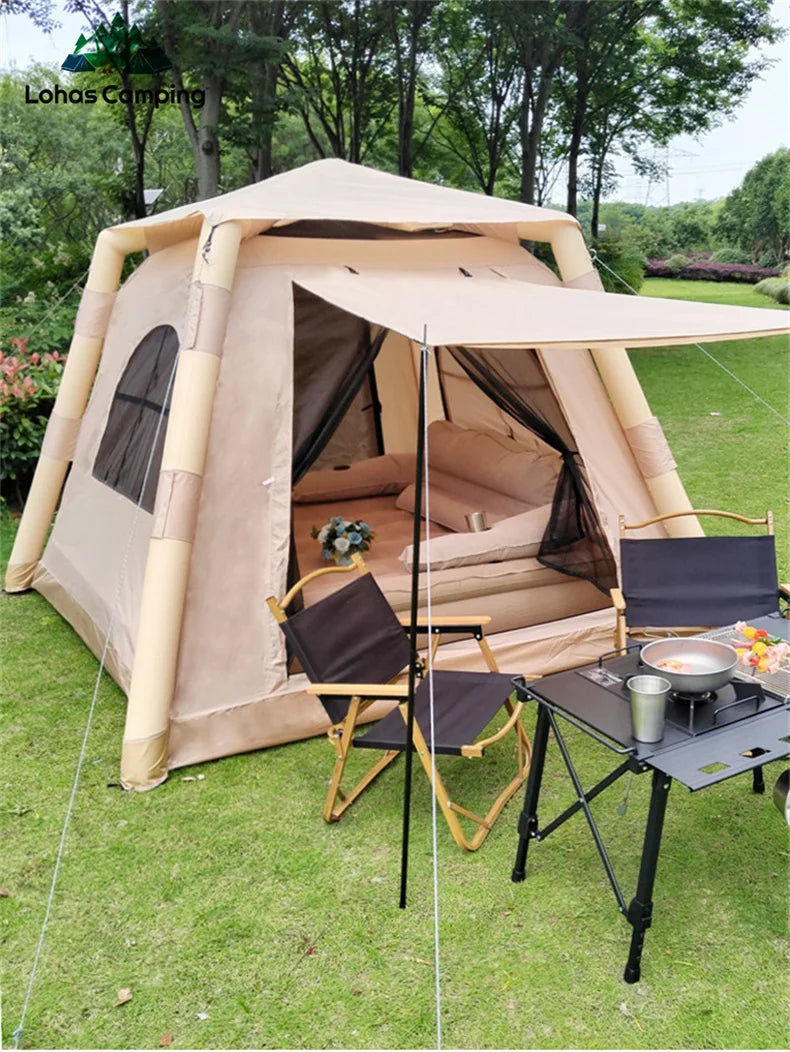 Tente gonflable automatique kaki montée en camping