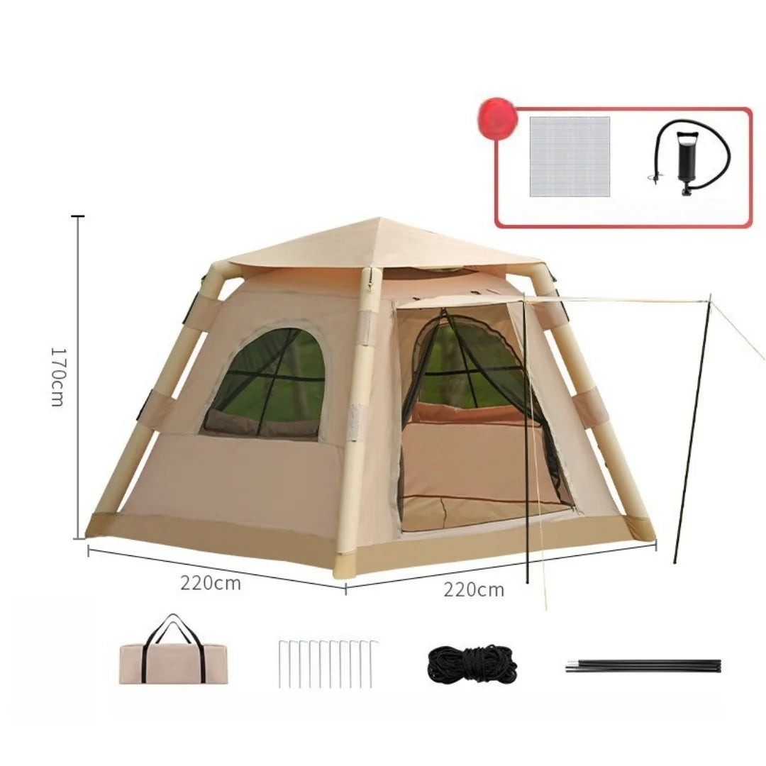 Tente gonflable beige prête pour un séjour en famille