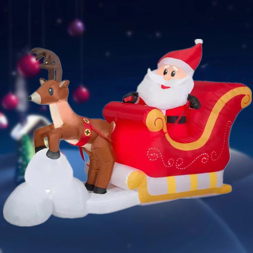 Décoration gonflable de Noël installée devant une vitrine de magasin