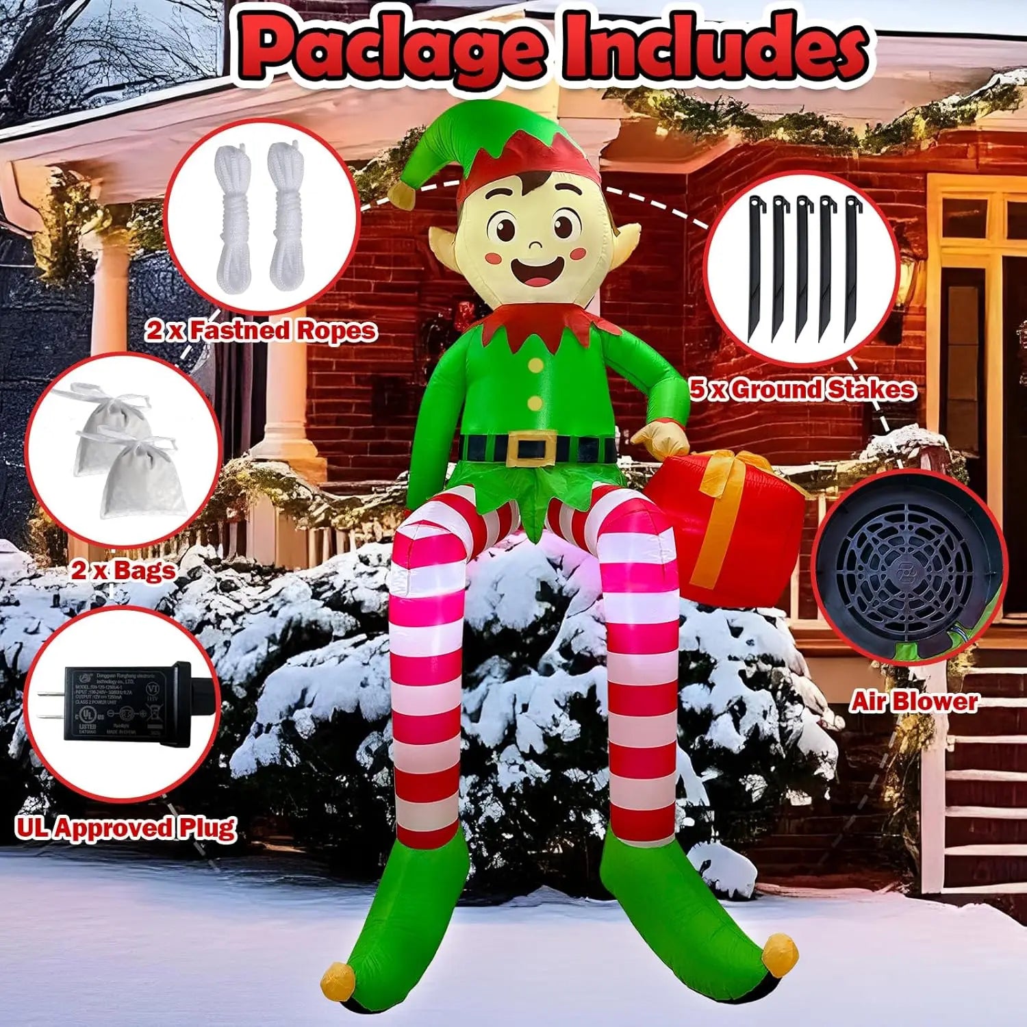 Figurine gonflable elfe de noël 2,4 m cadeau intégré