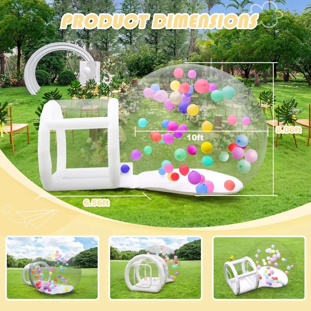 Bulle gonflable transparente avec tunnel installée dans un jardin