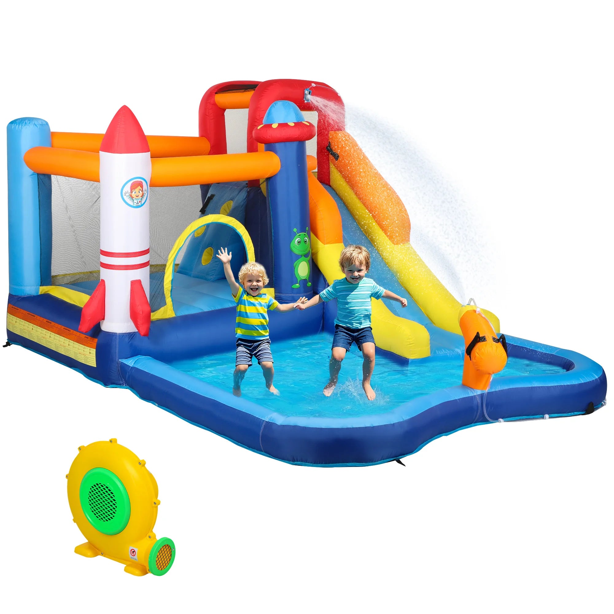 Vue d'ensemble du château gonflable multicolore avec piscine