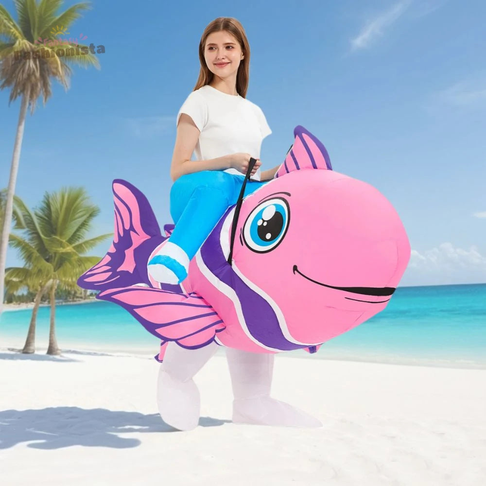 Costume gonflable poisson clown rose et violet vue de face
