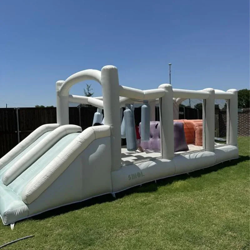 Aire de jeux gonflable 6,7 m double toboggan vue d'ensemble