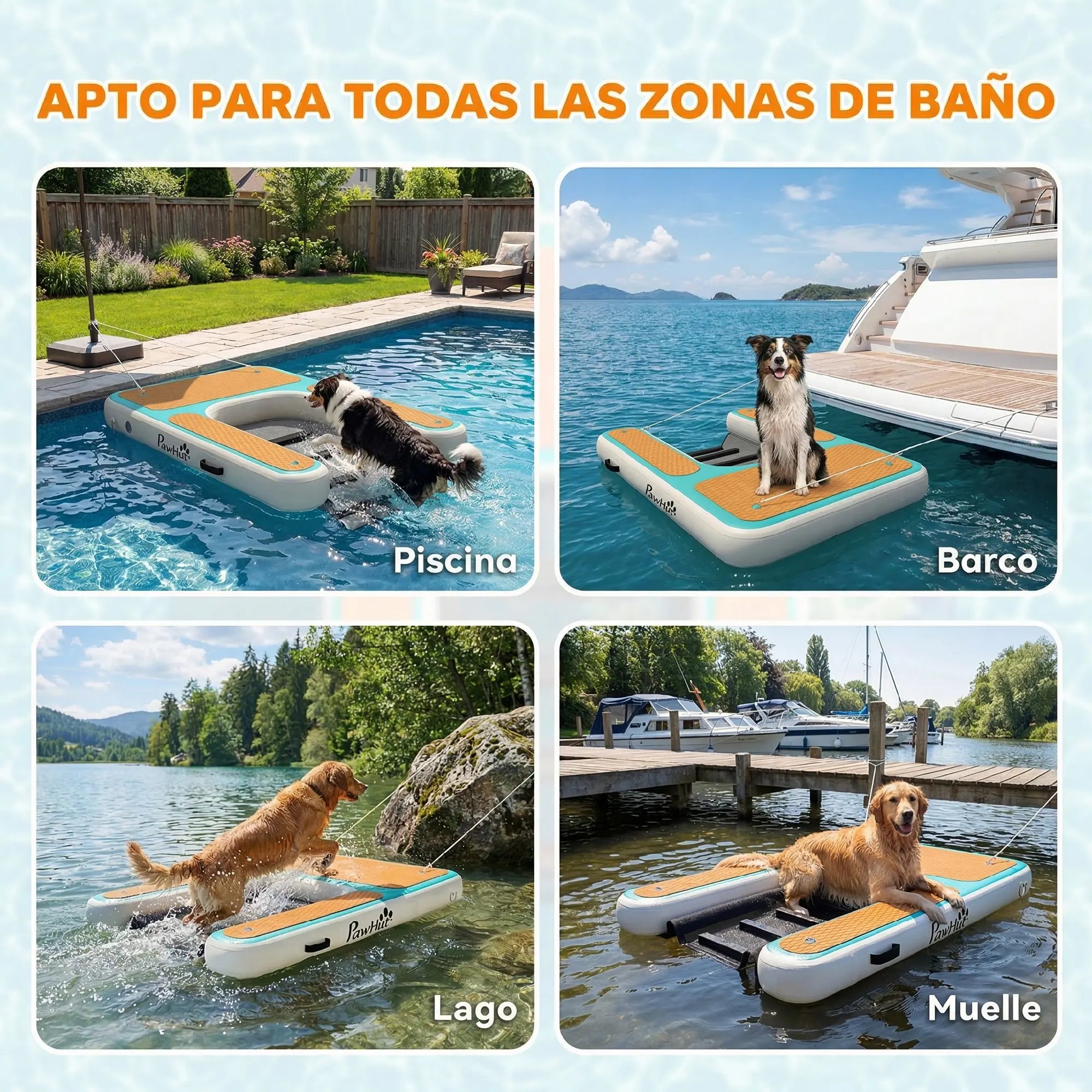 Rampe gonflable chien dépliée au bord d'un bateau