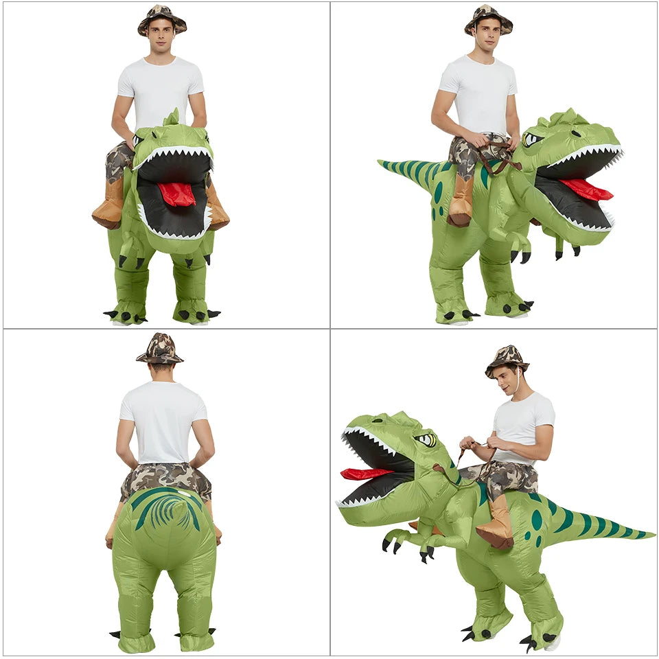Costume gonflable T-Rex chevauché adulte vert vue de face
