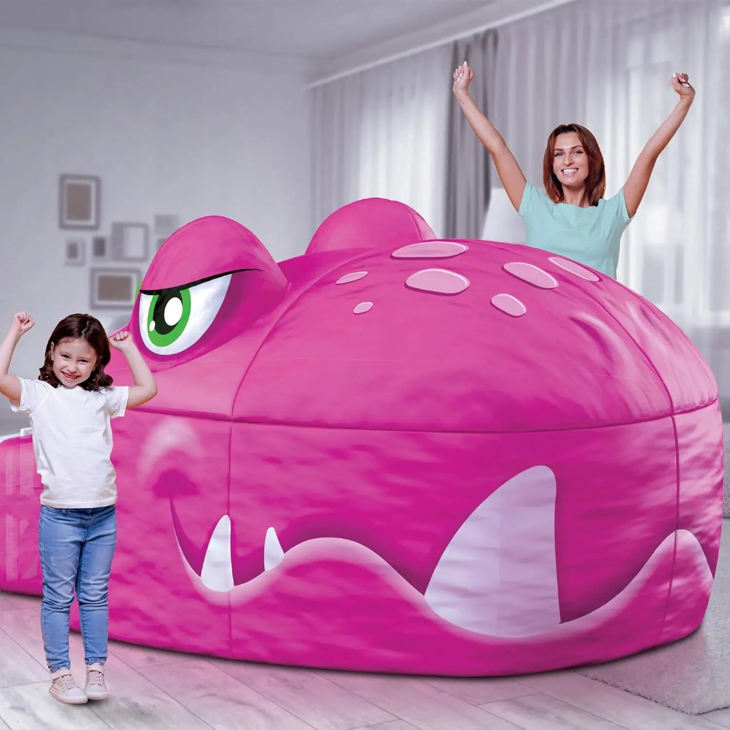 Château gonflable rose thème dinosaure pour enfant
